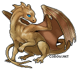 A larger image of a small brown dragon resting on its haunches, with wings half-unfurled. It has a calm expression.