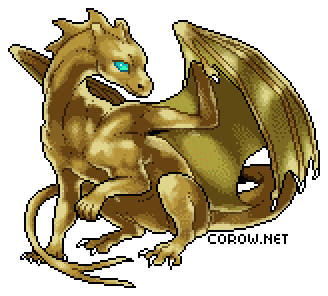 A larger image of a small bronze dragon resting on its haunches, with wings half-unfurled. It has a calm expression.