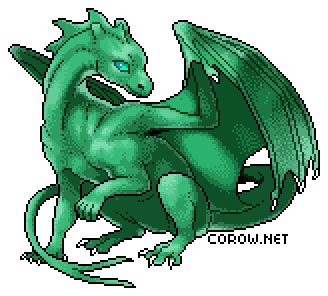 A larger image of a small green dragon resting on its haunches, with wings half-unfurled. It has a calm expression.