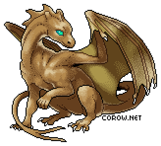 A larger image of a small brown dragon resting on its haunches, with wings half-unfurled. It has a calm expression.