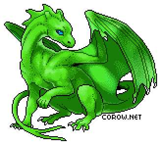 A larger image of a small green dragon resting on its haunches, with wings half-unfurled. It has a calm expression.