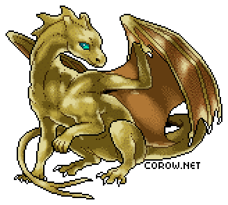 A larger image of a small bronze dragon resting on its haunches, with wings half-unfurled. It has a calm expression.