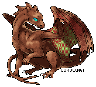 A larger image of a small brown dragon resting on its haunches, with wings half-unfurled. It has a calm expression.