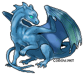 A larger image of a small blue dragon resting on its haunches, with wings half-unfurled. It has a calm expression.