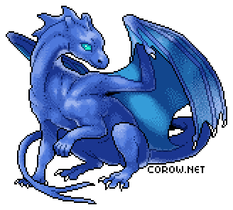 A larger image of a small blue dragon resting on its haunches, with wings half-unfurled. It has a calm expression.
