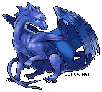 A larger image of a small blue dragon resting on its haunches, with wings half-unfurled. It has a calm expression.