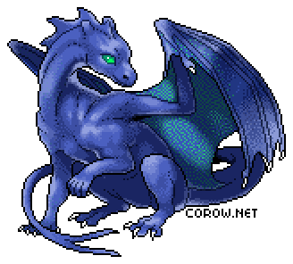 A larger image of a small blue dragon resting on its haunches, with wings half-unfurled. It has a calm expression.