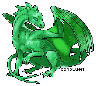 A larger image of a small green dragon resting on its haunches, with wings half-unfurled. It has a calm expression.