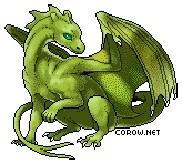 A small green dragon resting on its haunches, with wings half-unfurled. It has a calm expression.