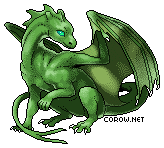 A small green dragon resting on its haunches, with wings half-unfurled. It has a calm expression.