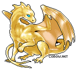 A larger image of a small gold dragon resting on its haunches, with wings half-unfurled. It has a calm expression.
