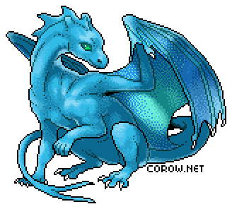 A larger image of a small blue dragon resting on its haunches, with wings half-unfurled. It has a calm expression.