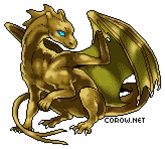 A larger image of a small bronze dragon resting on its haunches, with wings half-unfurled. It has a calm expression.