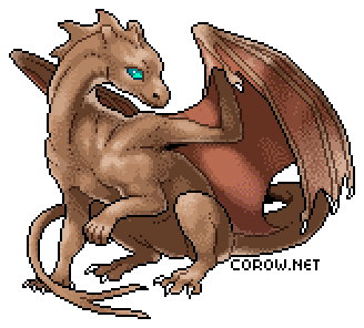 A larger image of a small brown dragon resting on its haunches, with wings half-unfurled. It has a calm expression.
