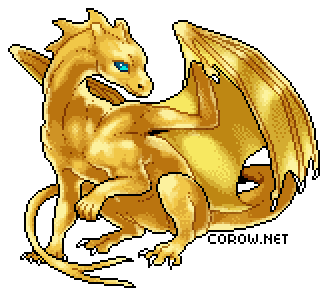 A larger image of a small gold dragon resting on its haunches, with wings half-unfurled. It has a calm expression.