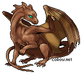A small brown dragon resting on its haunches, with wings half-unfurled. It has a calm expression.