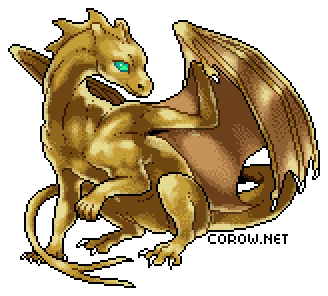 A larger image of a small bronze dragon resting on its haunches, with wings half-unfurled. It has a calm expression.