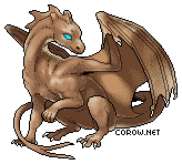 A small brown dragon resting on its haunches, with wings half-unfurled. It has a calm expression.