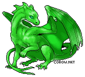 A larger image of a small green dragon resting on its haunches, with wings half-unfurled. It has a calm expression.