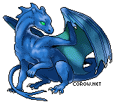 A small blue dragon resting on its haunches, with wings half-unfurled. It has a calm expression.