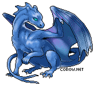 A larger image of a small blue dragon resting on its haunches, with wings half-unfurled. It has a calm expression.
