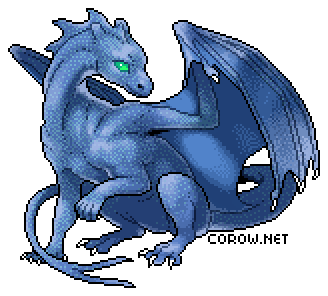 A larger image of a small blue dragon resting on its haunches, with wings half-unfurled. It has a calm expression.