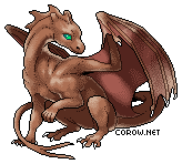 A small brown dragon resting on its haunches, with wings half-unfurled. It has a calm expression.