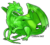 A small green dragon resting on its haunches, with wings half-unfurled. It has a calm expression.