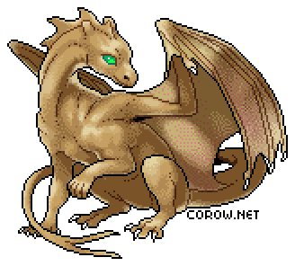 A larger image of a small brown dragon resting on its haunches, with wings half-unfurled. It has a calm expression.