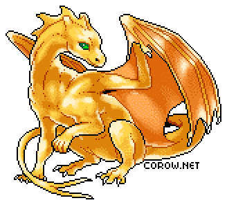 A larger image of a small gold dragon resting on its haunches, with wings half-unfurled. It has a calm expression.