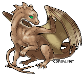 A small brown dragon resting on its haunches, with wings half-unfurled. It has a calm expression.
