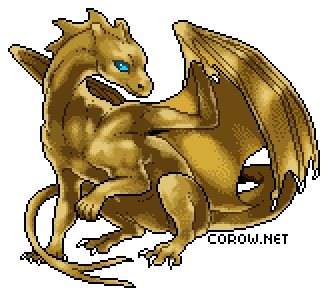 A larger image of a small bronze dragon resting on its haunches, with wings half-unfurled. It has a calm expression.