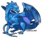 A small blue dragon resting on its haunches, with wings half-unfurled. It has a calm expression.