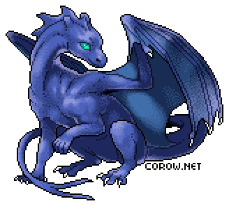 A larger image of a small blue dragon resting on its haunches, with wings half-unfurled. It has a calm expression.