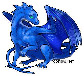 A larger image of a small blue dragon resting on its haunches, with wings half-unfurled. It has a calm expression.