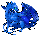 A small blue dragon resting on its haunches, with wings half-unfurled. It has a calm expression.