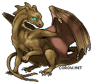 A larger image of a small brown dragon resting on its haunches, with wings half-unfurled. It has a calm expression.