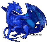 A small blue dragon resting on its haunches, with wings half-unfurled. It has a calm expression.