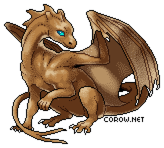A larger image of a small brown dragon resting on its haunches, with wings half-unfurled. It has a calm expression.