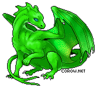 A larger image of a small green dragon resting on its haunches, with wings half-unfurled. It has a calm expression.