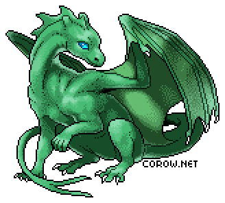 A larger image of a small green dragon resting on its haunches, with wings half-unfurled. It has a calm expression.