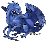 A small blue dragon resting on its haunches, with wings half-unfurled. It has a calm expression.