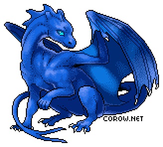 A larger image of a small blue dragon resting on its haunches, with wings half-unfurled. It has a calm expression.