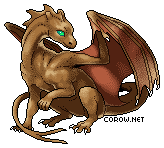 A small brown dragon resting on its haunches, with wings half-unfurled. It has a calm expression.