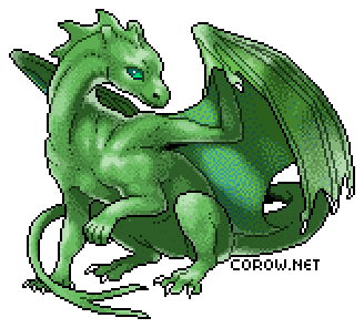 A larger image of a small green dragon resting on its haunches, with wings half-unfurled. It has a calm expression.