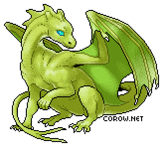A larger image of a small green dragon resting on its haunches, with wings half-unfurled. It has a calm expression.