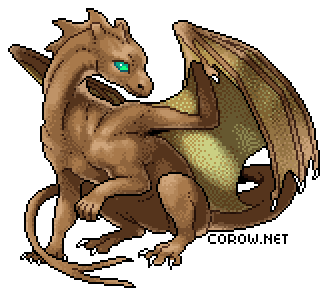 A larger image of a small brown dragon resting on its haunches, with wings half-unfurled. It has a calm expression.