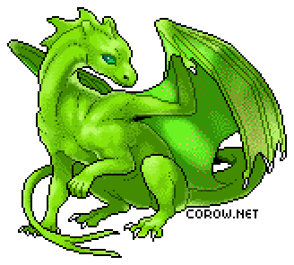 A larger image of a small green dragon resting on its haunches, with wings half-unfurled. It has a calm expression.