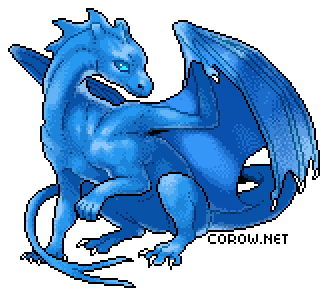 A larger image of a small blue dragon resting on its haunches, with wings half-unfurled. It has a calm expression.