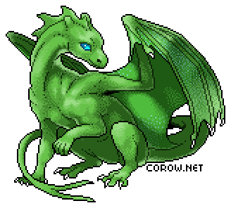 A larger image of a small green dragon resting on its haunches, with wings half-unfurled. It has a calm expression.